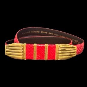 NWOT Vintage Leather Shop Red Snakeskin Wrap Leather Belt Gold Hardware, Sz M